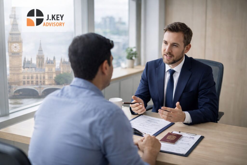 UK immigration consultation with legal advisor and client in London office